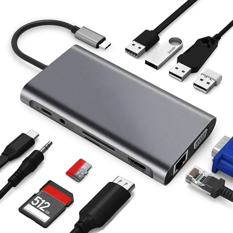 Фото USB-C хаб MindPure 12-в-1 с док-станцией MST, двумя портами HDMI, 100W PD, RJ45, слотами для карт SD и TF №3