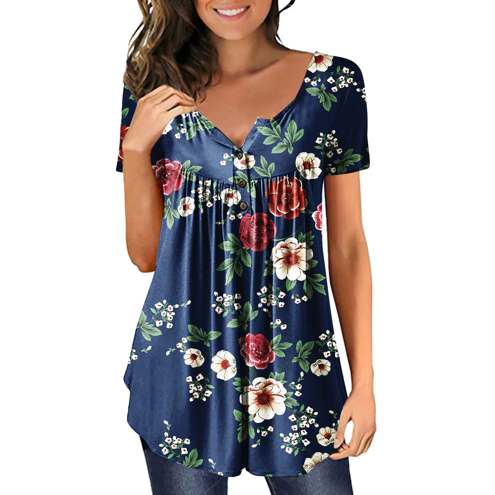 

Women's Blouse Casual Short Sleeve Loose Shirt Flower Print Button Pleated Tunic Tops O-neck Female Pullover Tops Summer Clothes