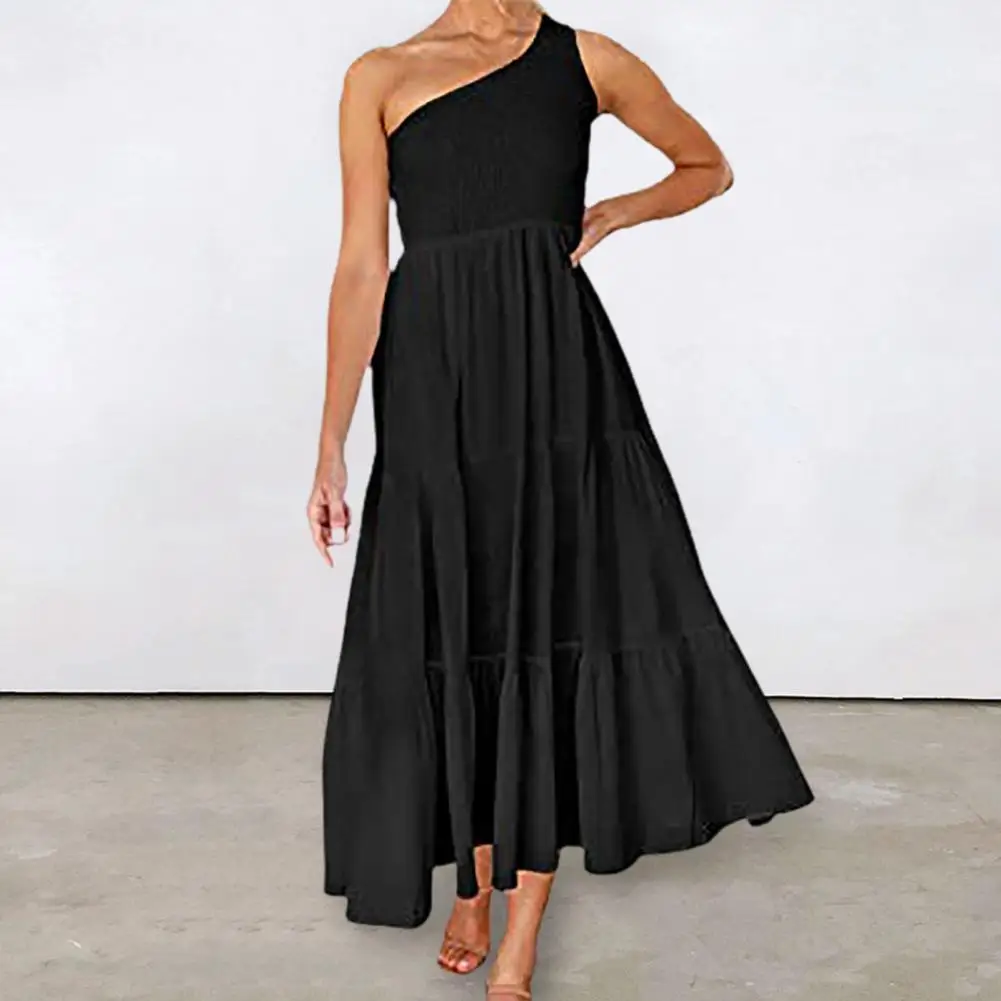 

Women's Sexy Summer Print Dress One Shoulder High-Waist Large Hem Beach Dress Floral Print Sleeveless Women Midi Dress Sundress
