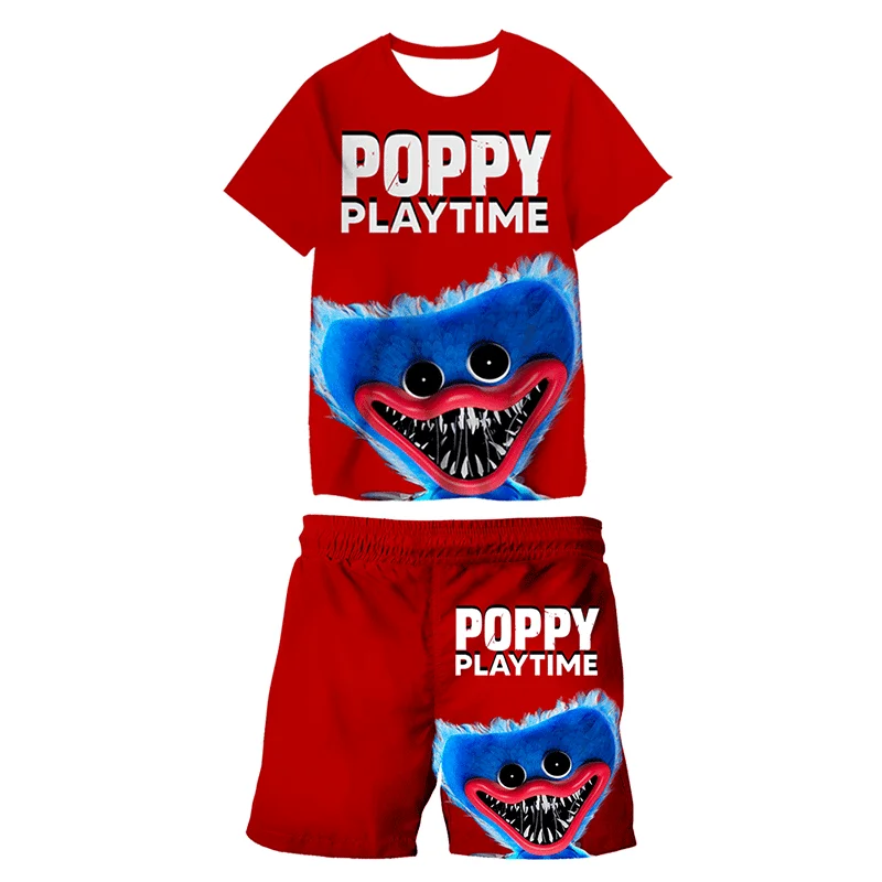 

New Video Game Poppy Playtime T-Shirt + Pants 2 Pcs Suit Cartoon Children Clothing Sets Kids Boys Sports Suit Huggy Wuggy Shorts