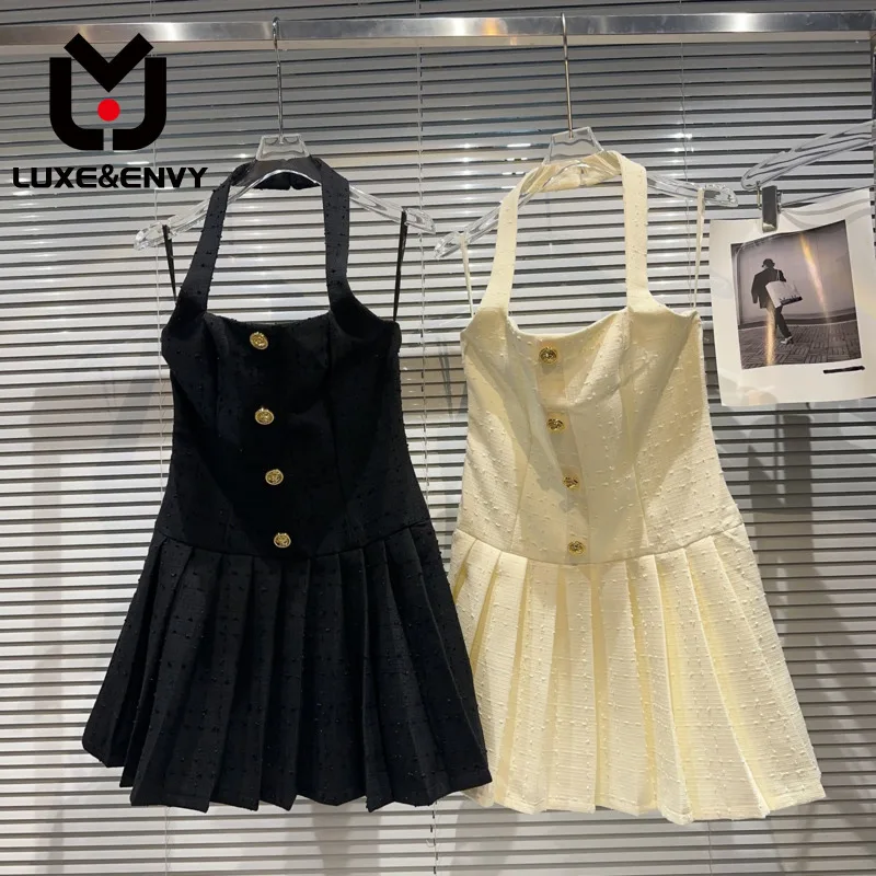 

Женское Плиссированное Платье люкс & ENVY, повседневное твидовое однобортное платье до колен без рукавов, с воротником-стойкой, лето 2023