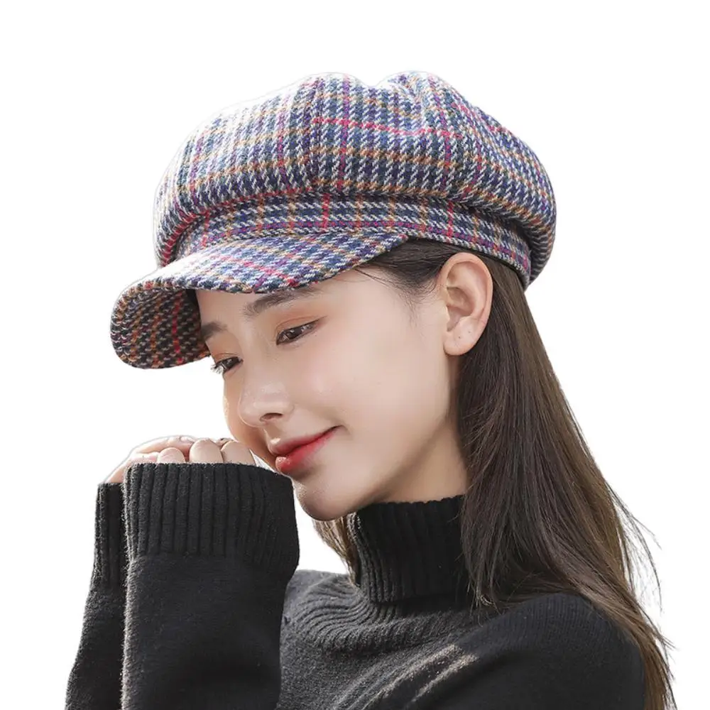 

New Thousand-bird lattice Beret Caps Lady Woolen Korean Fashion Suncaps Women Japanese Warm British Navy Octagonal Hats