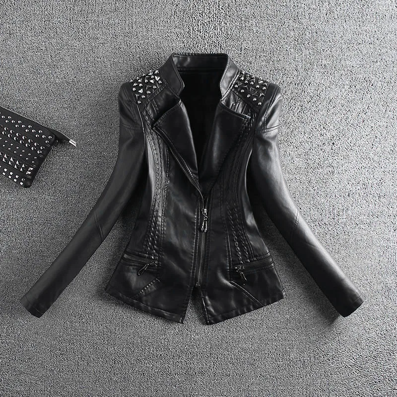 2023 New Fashion Black Motorcycle Leather Jacket Women Rivet Zippers Biker Leather Coat Female Outerwear M-4XL