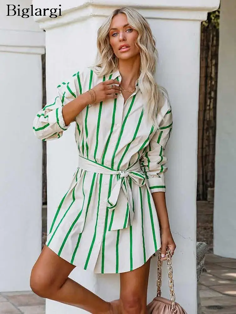 

Summer Midi Shirt Dress Women Striped Print Casual Ladies Dresses Fashion Loose Pleated Woman Dress 2023