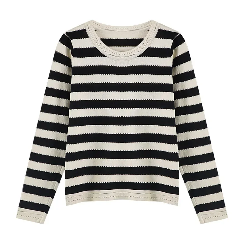 Женская Винтажная футболка в полоску ТРИКОТАЖНЫЙ УКОРОЧЕННЫЙ ТОП с длинным