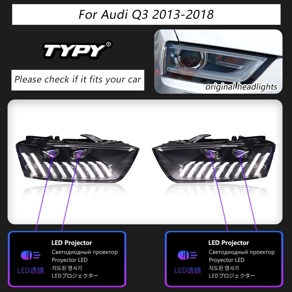 

Автомобильные фары TYPY для Audi Q3 2013-2018 светодиодный, автомобильные лампы, дневные ходовые огни, динамические Сигналы поворота, автомобильные аксессуары