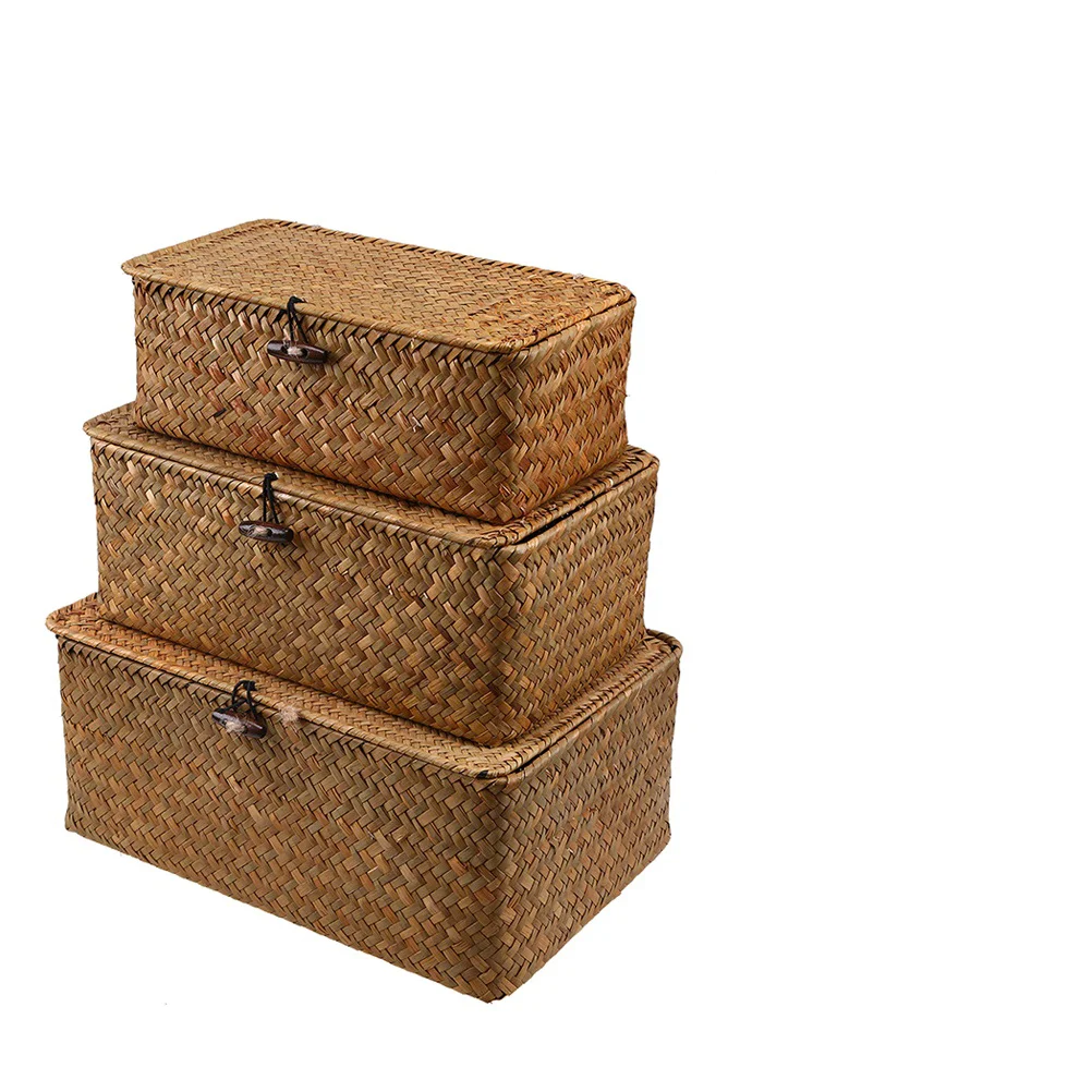 

Wicker Shelf Baskets Bin Lid Handwoven Seagrass Basket Storage Bins Rectangular Organizer Boxes Household Basket Boxes Wardrobe
