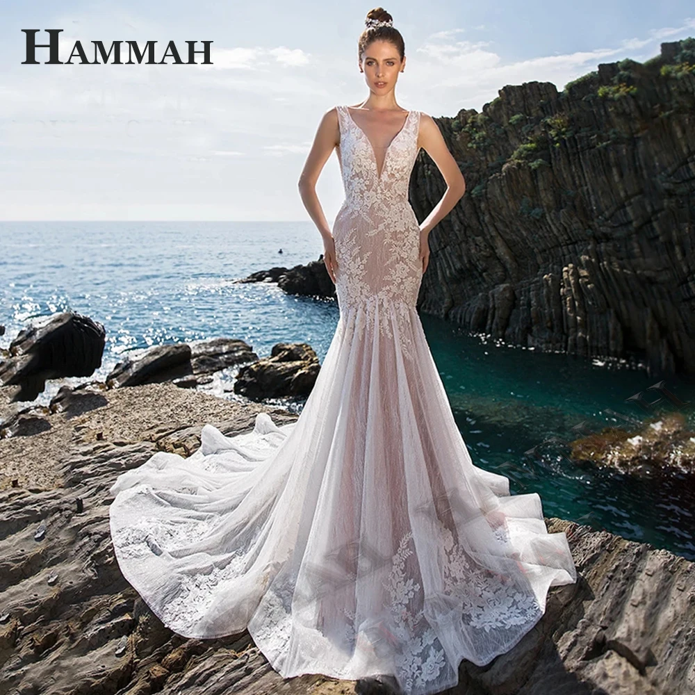 

HAMMAH Tank Fashionable Wedding Gown For Bride Mermaid Backless Sweep Train Zipper Lace Appliques Sleeveless Bridal Dresses