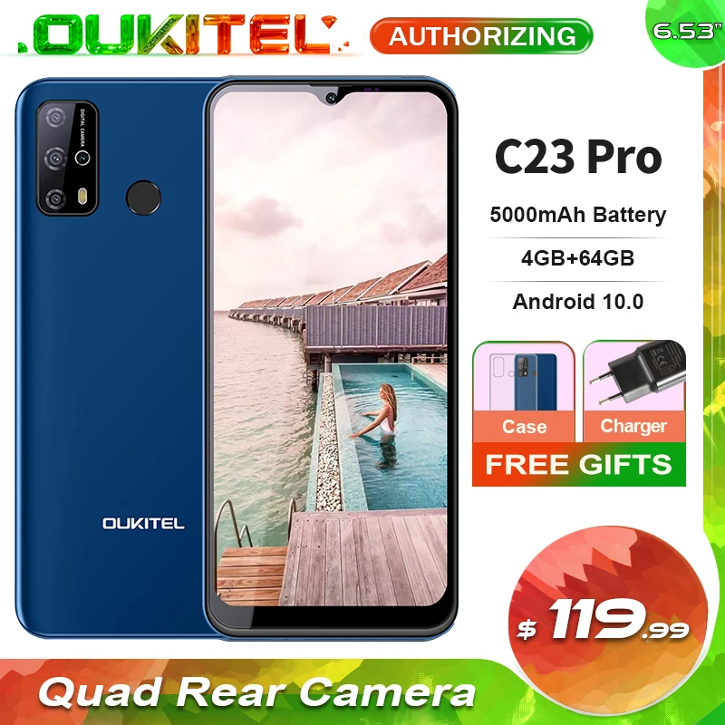 OUKITEL C23 Pro 5000mAh 4G Smartphone 6.53'' Waterdrop Screen 4GB+64GB 13MP Quad Rear Cameras Android 10.0 Mobile Phone