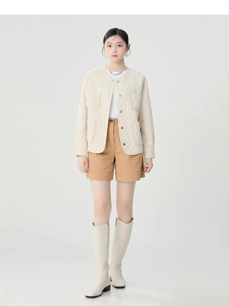 Girdear Amashi Zheng 2024 осенне-зимняя одежда с карманами и круглым вырезом хлопковая