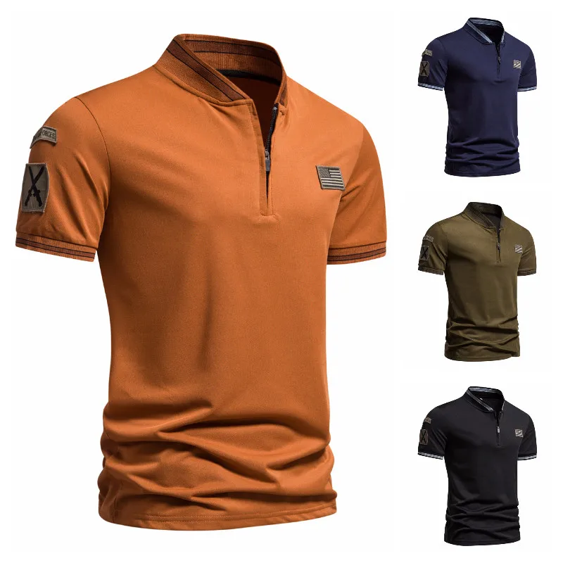 

Summer Men's Polo Shirt T-shirt Combat Uniform Regular Combat Style Polo Short Sleeves Solid Color Zipper Design Top Tee
