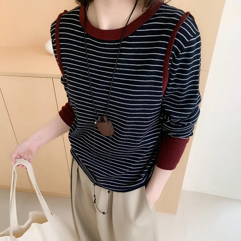 Осень-зима 2023 новый пуловер в полоску с круглым вырезом тон нижняя рубашка стиле