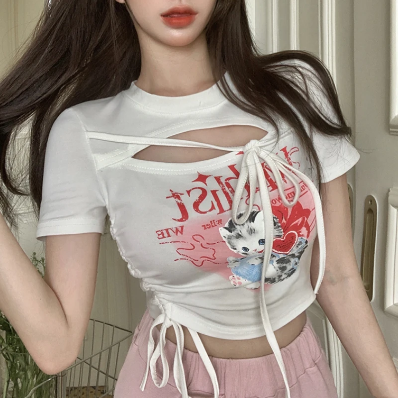 

Y2k милый мультяшный принт на груди женский летний белый топ с коротким рукавом для горячей девушки облегающий дизайн нишевые Короткие топы