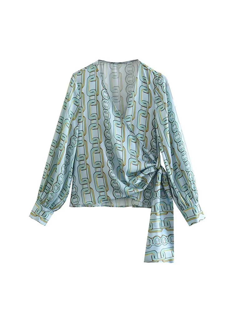 

Женский Повседневный модный шикарный Свободный Топ с V-образным вырезом и длинным рукавом, на шнуровке, с принтом цепей, весна 2023