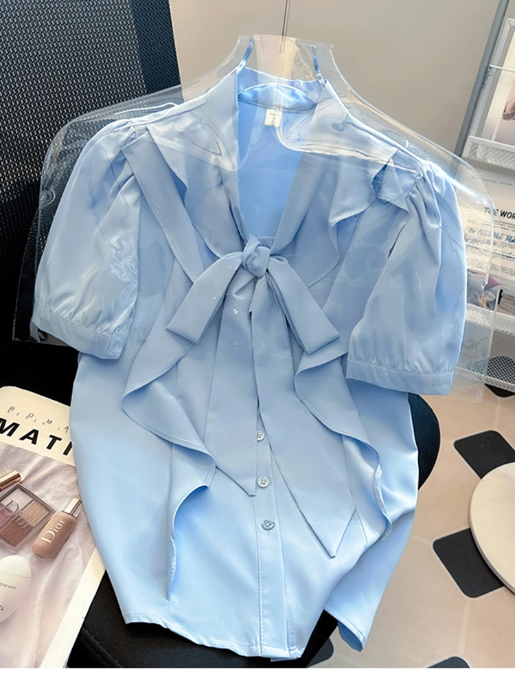 

Women Summer T-Shirts 2023 New Sen Style Art Lace Up Temperament French Shirt Ruffle Edge Bubble Sleeve bow Shirt D3479