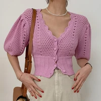 2021 summer puff sleeve hollow crochet flower cardigan womens elegant v neck slim knitted crop top casual knit sweater sweater