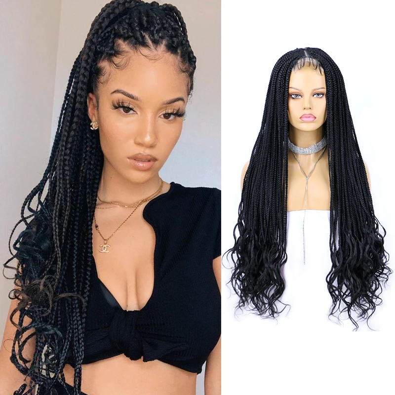 Belle Show Synthetic Box Braids Lace Front Wigs With Curly End Braided Wig With Baby Hair Daily Use For Black Women
