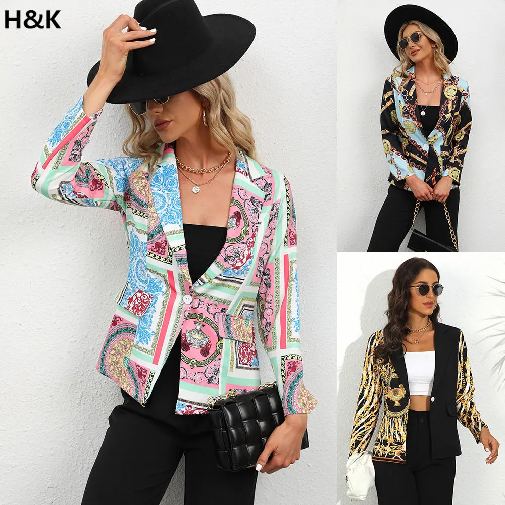 

Блейзер Женский осенне-зимний модный с принтом с лацканами маленький костюм куртка Женский костюм