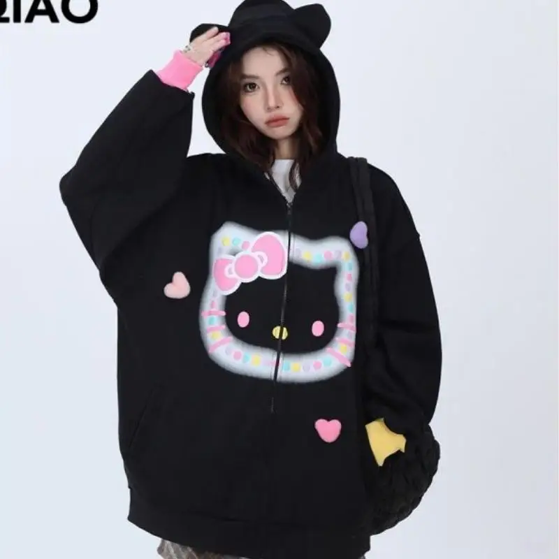Популярный Kawaii Hello Kitty милый свитшот с капюшоном Sanrio топы длинными рукавами для