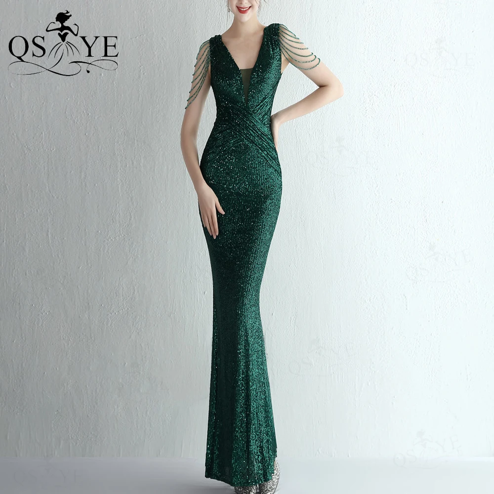 

Green Sequin Prom Dresses Mermaid Long Evening Gown V Neck Ruched Formal Party Gown Crisscross Waist Beading Straps Emerald Gown