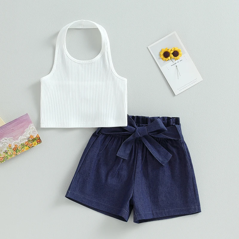 

Kids Clothes Girls Sleeveless Halterneck Vest Belted Denim Shorts Set Summer 2-piece Outfit Children's Clothing
