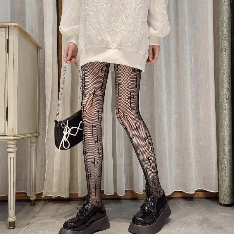 

Women Dark Gothic Cross Fishnet Pantyhose Punk Harajuku Jacquard Patterned Tattoo Tights Sexy Sheer Mesh Lolita Hosiery Stocking