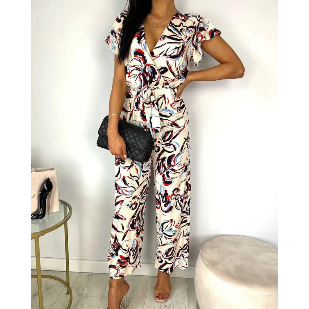 Summer Women Abstract Print Ruffle Short Sleeve V-Neck Wide Leg Jumpsuit Party Female One-pieces Casual Jumpsuit Outfits y2k