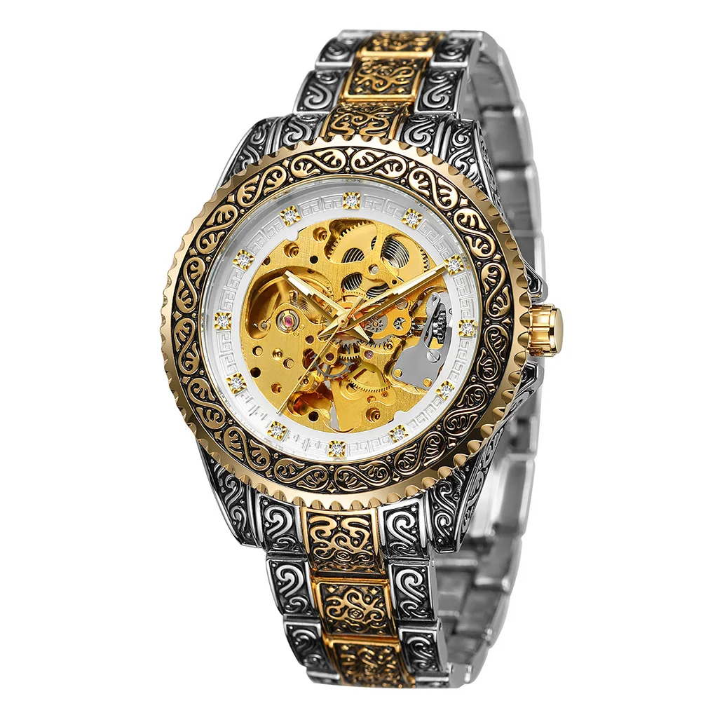 

Stainless Steel Automatic Men Wristwatch Fashionable Casual Hallow Vintage Engraved Analog Watch Birthday Gift