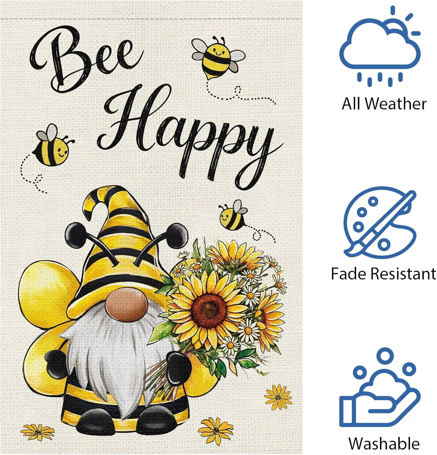 Фото Флаг для сада Heyfibro Bee Happy Gnome 12x18, двусторонний, из мешковины, с изображением гнома в костюме пчелы и подсолнухов, для весны и лета, для двора №5