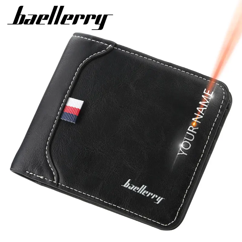 

Baellerry, высокое качество, искусственная кожа, мужские короткие кошельки, имя карточка с гравировкой, держатель, повседневные мужские кошельки, держатель для фотографий, роскошный мужской кошелек