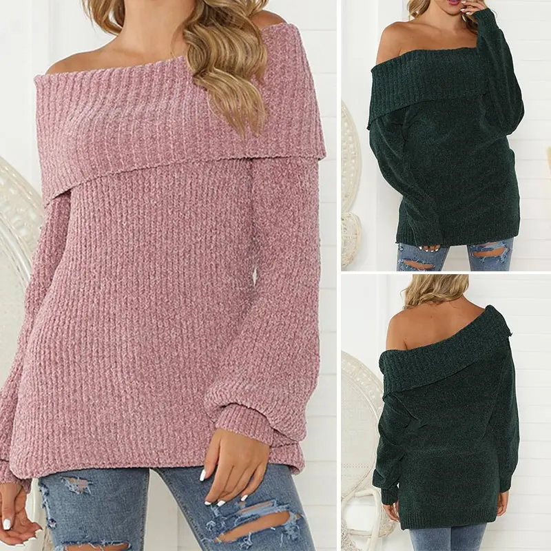 

Full Sleeve Knitted Sweater Women Cold Shoulder Elastic Knitted Pullovers Femme Sexy Off-Shoulder Jumper
