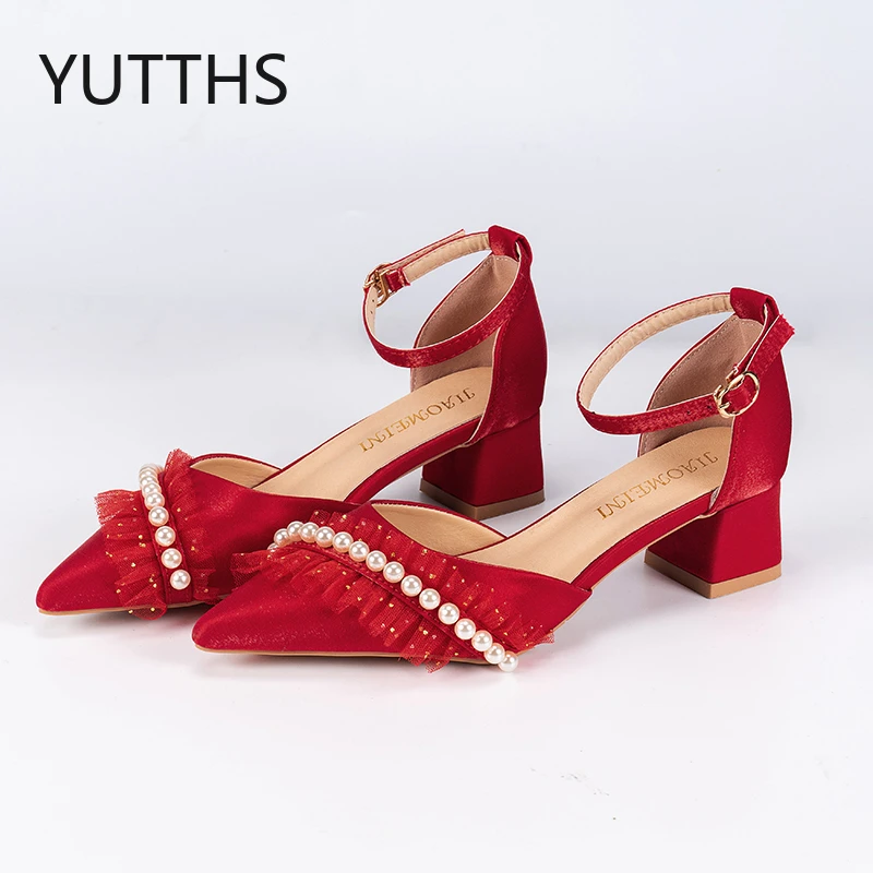 

Туфли женские на высоком каблуке, Свадебная обувь для невесты, однослойная Пряжка, высокий каблук, жемчужные наряды, атласные сетчатые туфл...