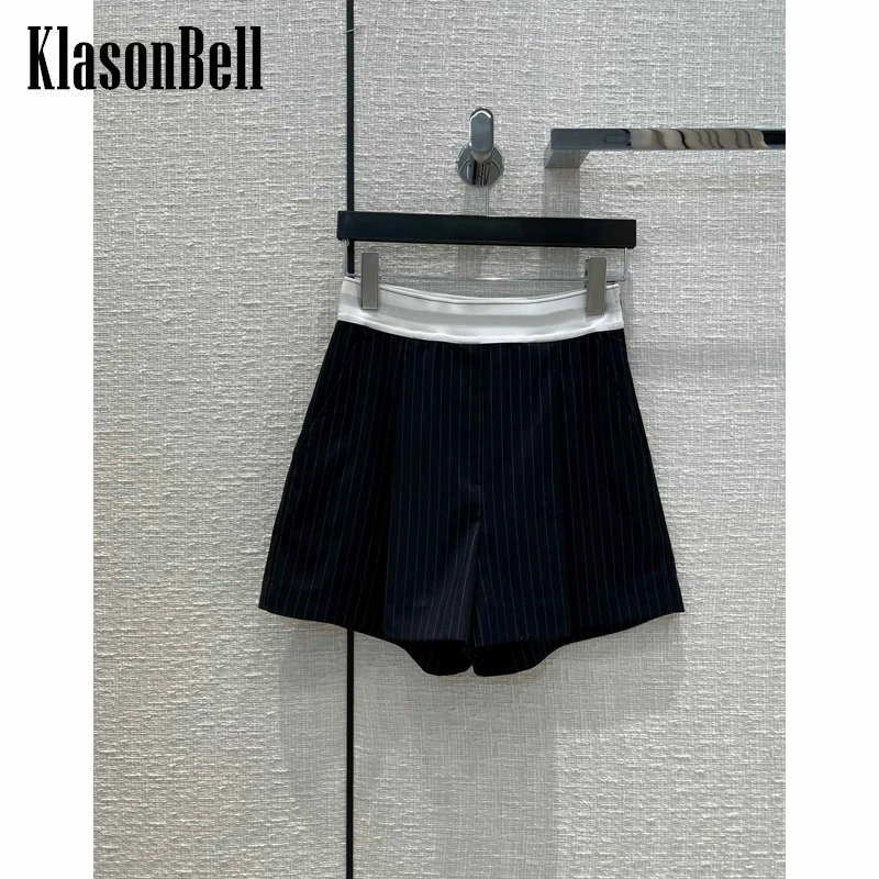 

7.7 KlasonBell Letter High Waist Striped Pleated Design Shorts Women