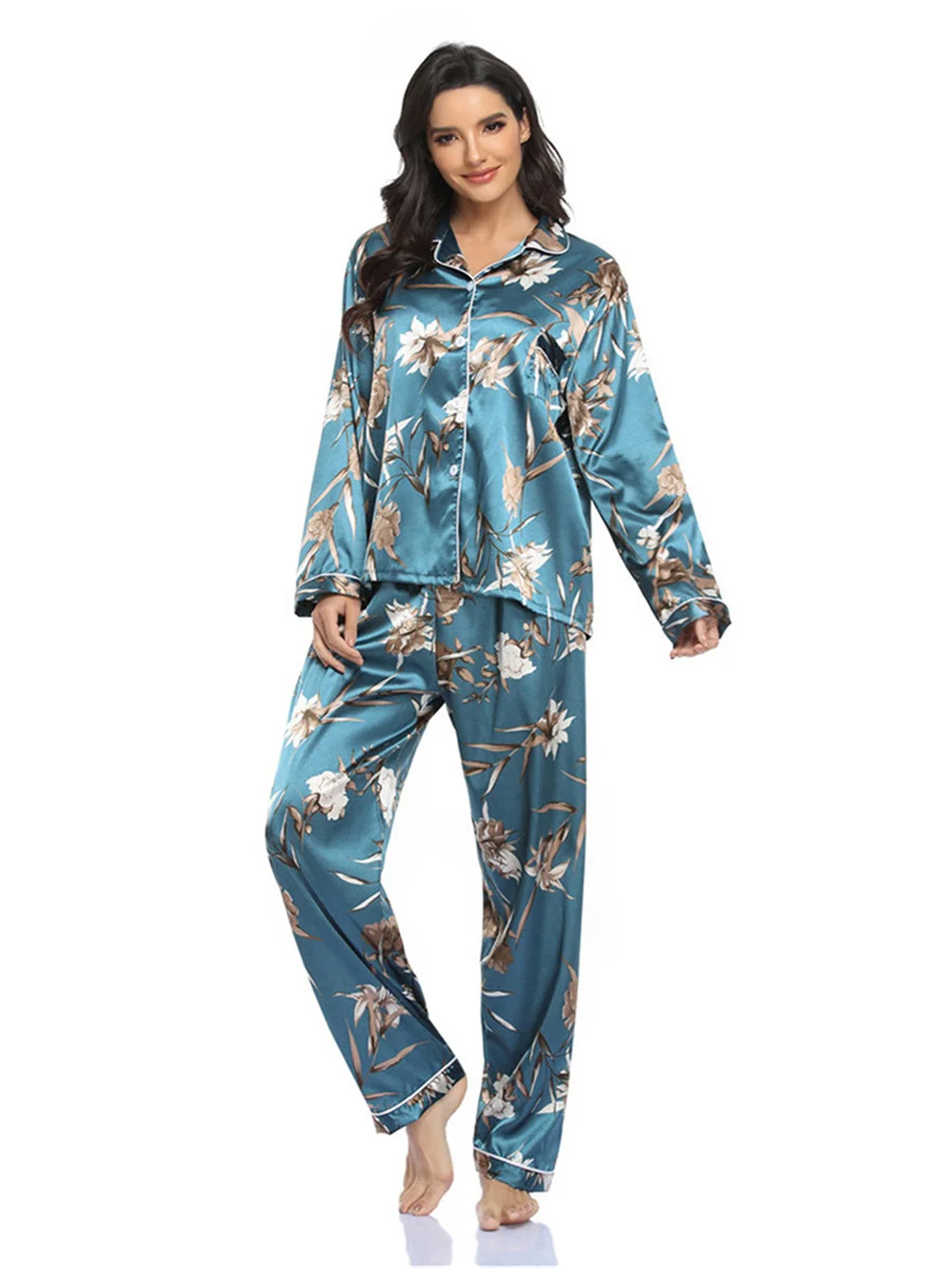 

Осенне-зимний женский пижамный комплект с принтом, сатиновая Пижама с отложным воротником, одежда для сна, брюки с длинным рукавом, домашний...