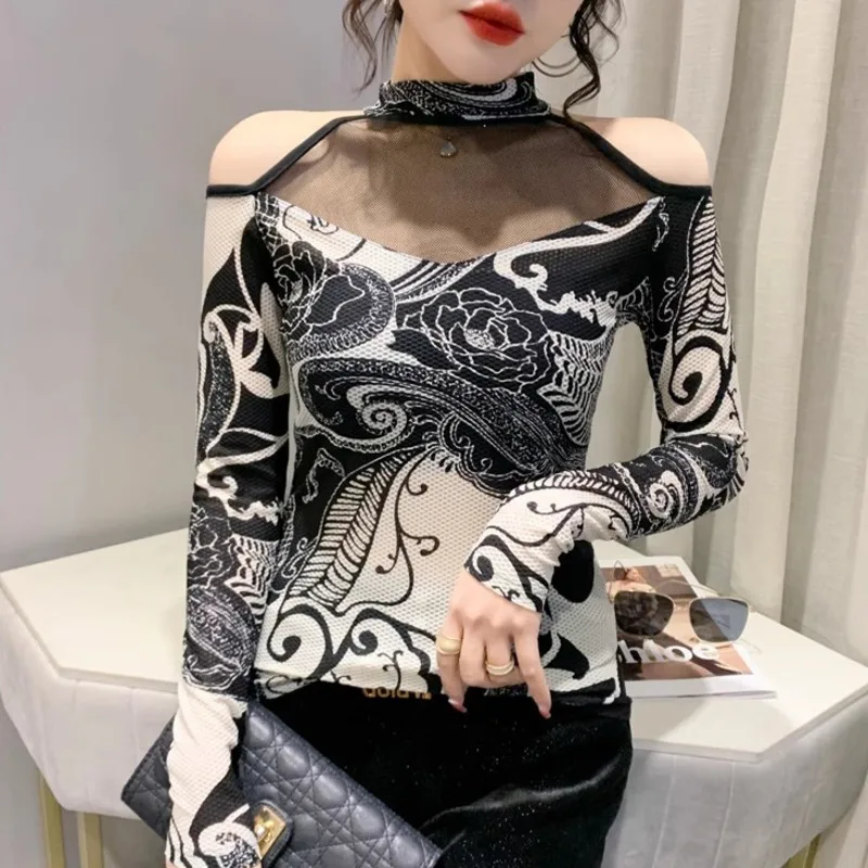 #8044 Сетчатая футболка с принтом Женский Топ длинным рукавом и открытыми плечами