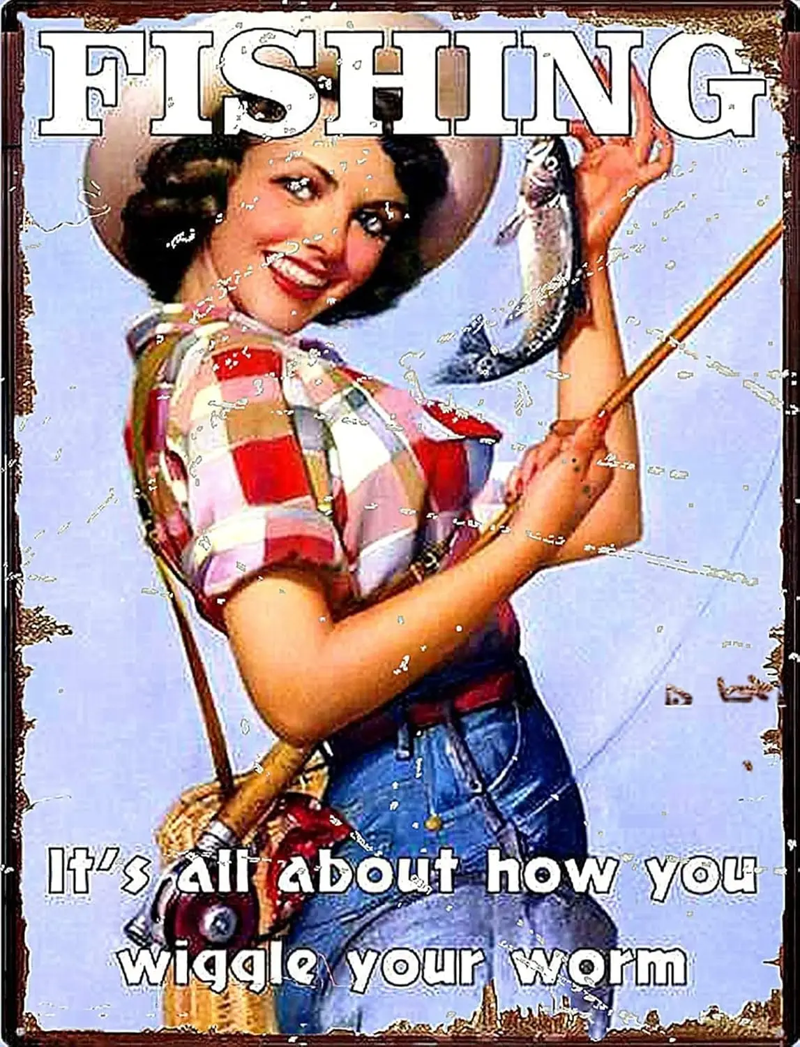 Pin Up Girl Fishing Wiggle Your Worm Ретро Металлическая жестяная вывеска 8x12 дюймов Украшение