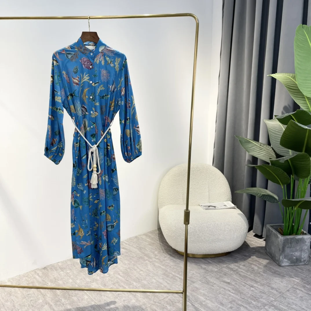 

Spring New Arrival 2022 Organic Cotton Fish Coral Seaweed Print Blue Half High Collar Lantern Sleeve Mid-Calf Sashes Dress