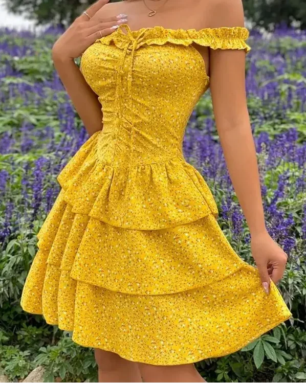 

Yellow Floral Print Frill Hem Dress Women 2022 Summer Fashion New Sexy Off Shoulder High Waist Mini Dresses for Female