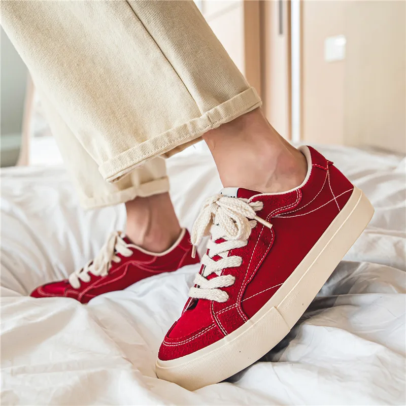 Fashion Red Low-cut Chunky Skateboard Shoes For Men Comfortable Breathable Mens Canvas Sneakers Non-slip Casual Sports Shoes Men