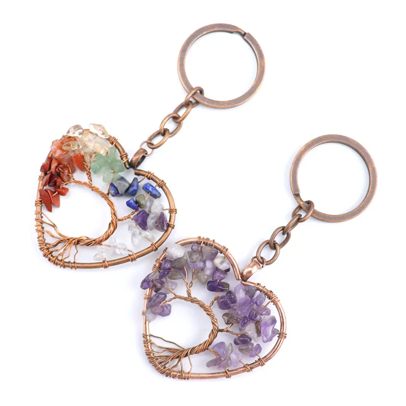 

6pcs Retro Heart Tree of Life Keyrings Natural Stone Crystal Chakra Quartz Keychain Pendant Keyrings Key Ring Bag Acc Jewelry