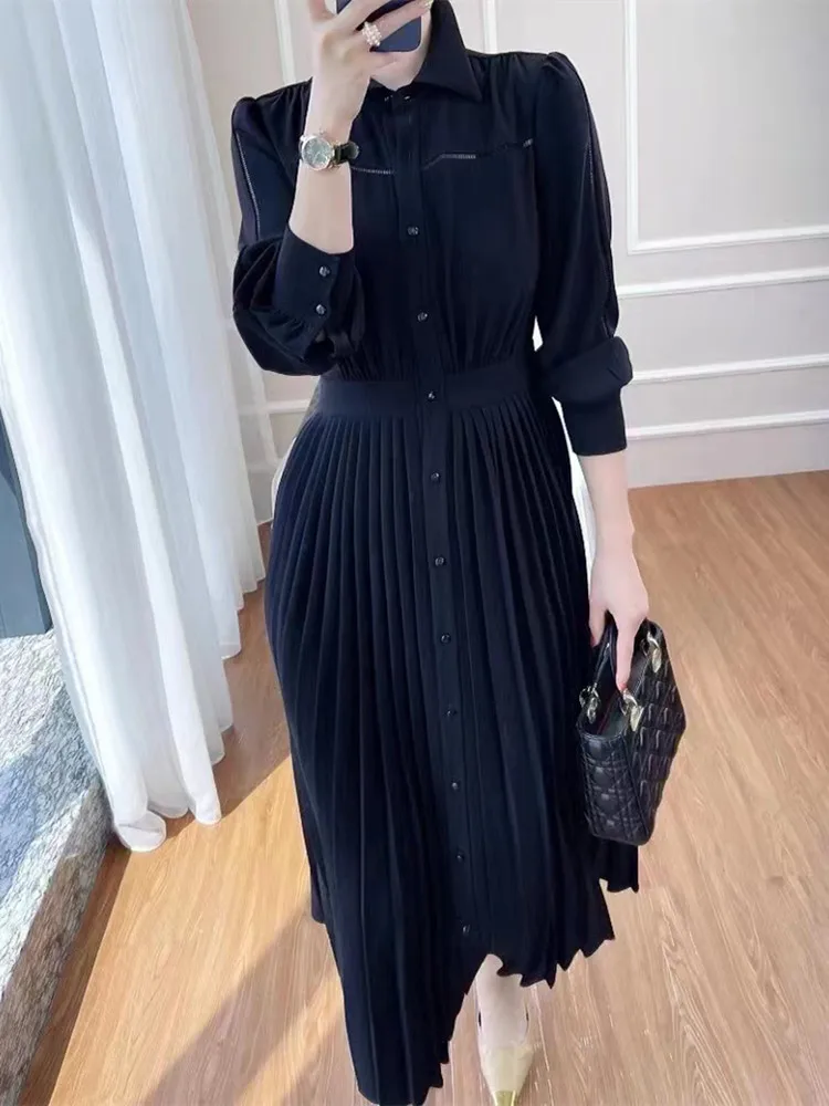 

Women Midi Robe Stitching Pleated Hollow Out Single Breasted Casual Dress