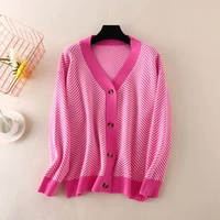 elegant casual v neck ladies single breasted cardigans sweaters 2022 autumn winter long sleeve women striped knitwear f506