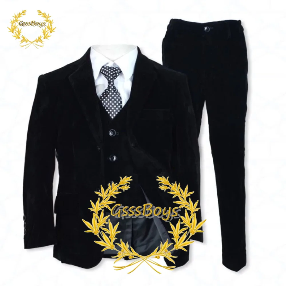 Boys Velvet Suit 3 Piece Wedding Tuxedo Kids Formal Blazer Pants Vest Party Blazer Set 2-16 Years Old Custom