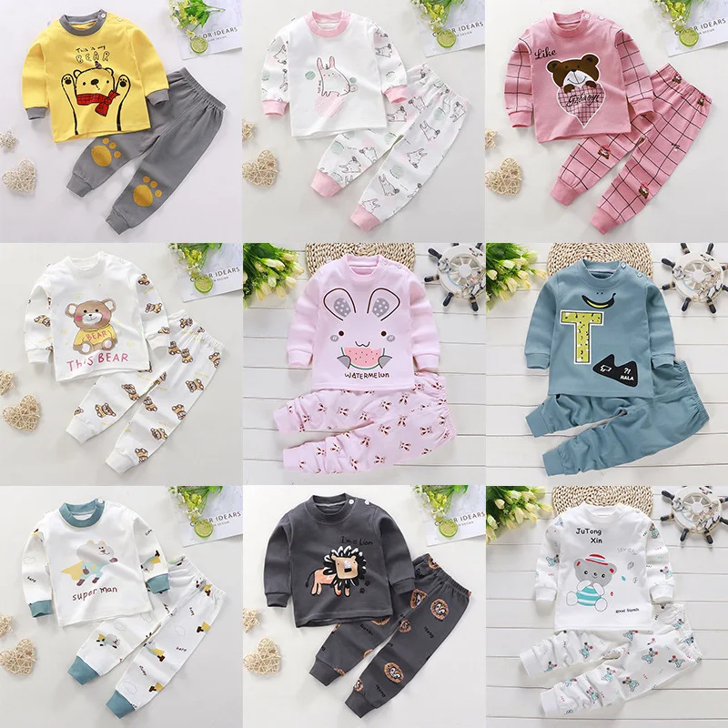 

New Child Pure Cotton Underwear Two Piece Boys And Girls Autumn Clothes Toddler Cartoon Long Sleeve Pajama Suits Home Wear