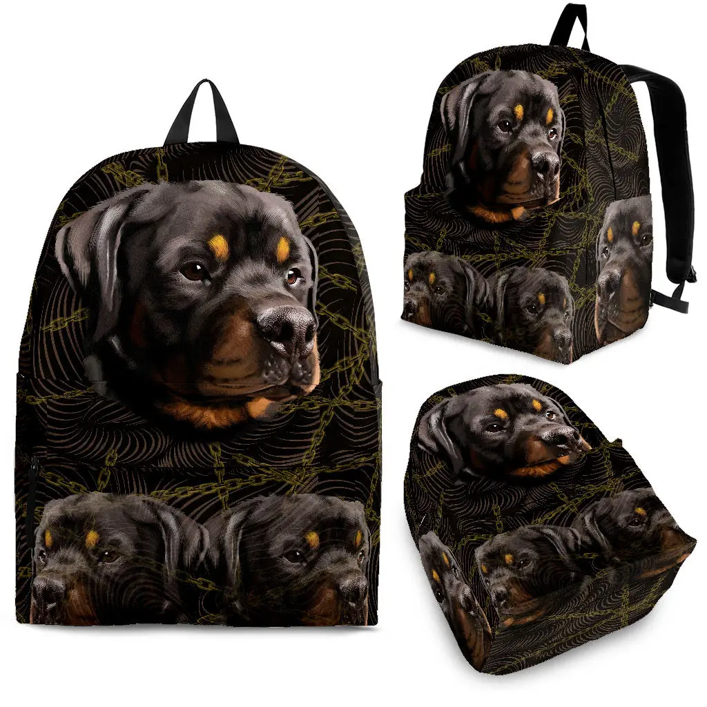

YIKELUO Black 3D Rottweiler Backpack College Students Laptop Knapsack With Zipper Animal Printed Casual Travel Backpack Gift