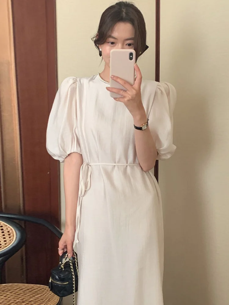 

J GIRLS Simple Retro Dress Women Elegant Round Neck Ruched High Waist Slim Backless Puff Sleeve Korean Clothes Outwear Dresses