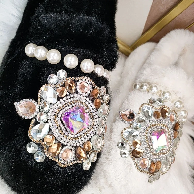 

Женские бархатные ботинки ручной работы, короткие ботинки с белым жемчугом и бриллиантами, большие размеры 35-40