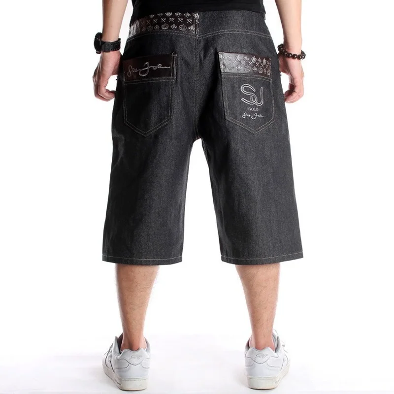 Summer Men's Wide Leg Denim Shorts Loose Straight Skating Pants Embroidered Hip Hop Shorts Mid Pants Jeans Plus Size