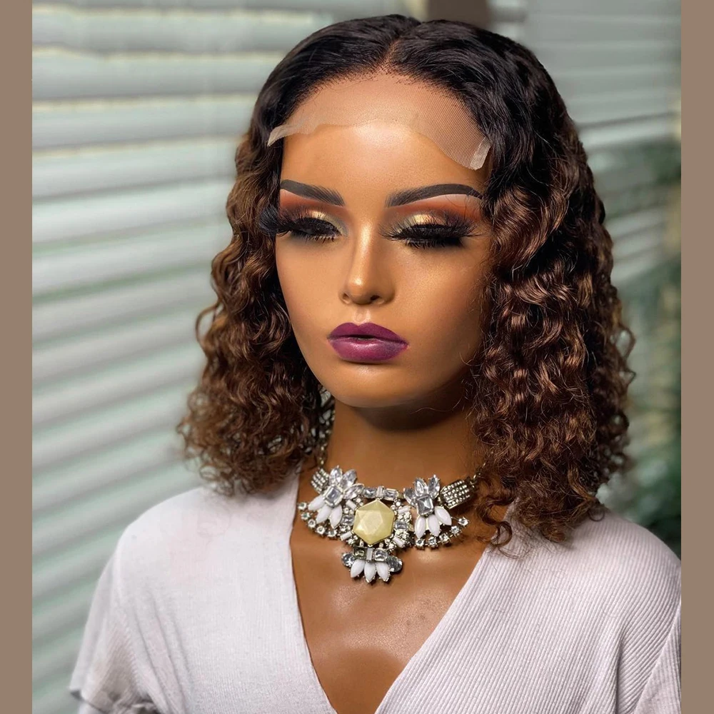 

Preplucked 14Inch Short Bob Ombre Brown 180%Density Glueless Kinky Curly Lace Front Wig For Women With BabyHair Daily Cosplay