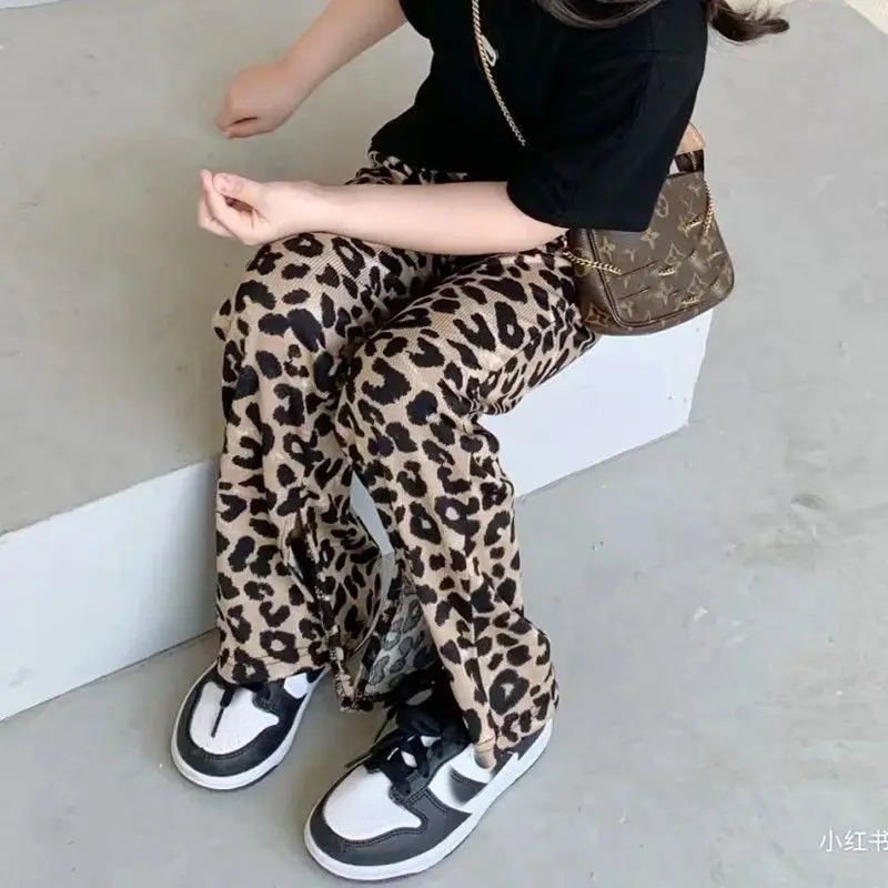 

Baby Pants Girls' Leopard Print Split Flared Pants Fashion Thin Ice Silk Leggings Korean Children's Casual Pants